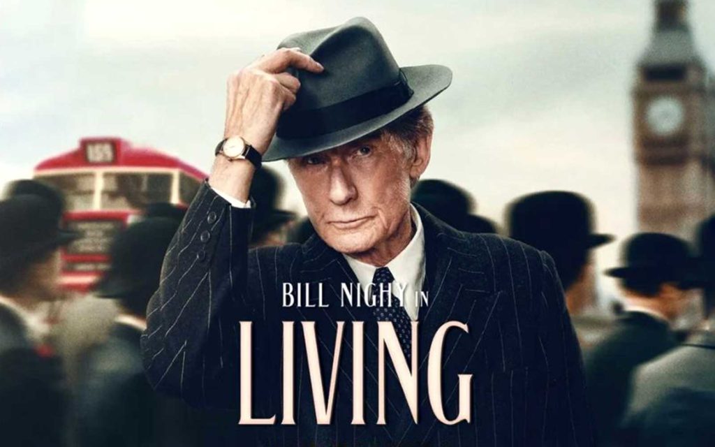 Image of Bill Nighy doffing his cap on the poster for the film Living. We found it highly life affirming.